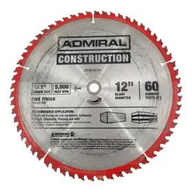 62741 Admiral 12 Inch 60 Carbide Teeth Construction Saw Blade 1 Arbor Fine Finish