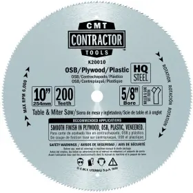 K20010 Cmt 664252039272 200 Teeth Contractor Plywood Saw Blade With 5/8 Inch Bore 10