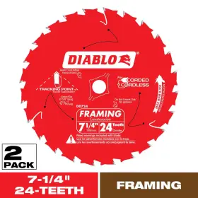 2-pac Diablo 726084700383 Tracking Point 7-1/4 Inch X 24-tooth Framing Circular Saw Blade Value Pack