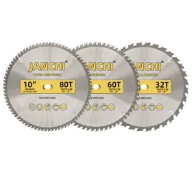 Janchi 445052547524 3-pack Combo 10-inch 32t And 60t 80t Woodworking Saw Blades With 5/8 Inch Arbor 095