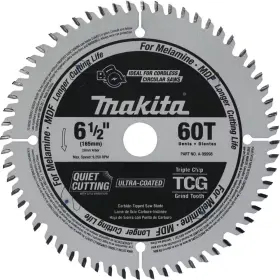 Makita 313086986930 6-1/2 Inch 60t Tcg Carbide Tipped Cordless Plunge Saw Blade Mdf Lamina