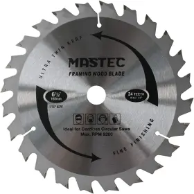 Mtw61224 Mastec Cordless Circular Saw Blade 6-1/2-inch 24-tooth With 5/8 Inch Arbor For Cutting Wood