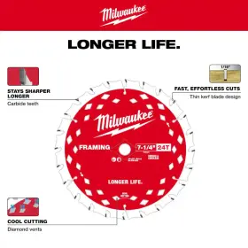 Milwaukee 445030734762 7-1/4 Inch X 24-tooth Carbide Framing Circular Saw Blade