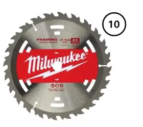 48-41-0713 Milwaukee 7-1/4 Inch 24t Worm Drive Basic Framer Circular Saw Blades 10pk