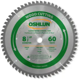 Oshlun 753182911076 Sbw-085060 8-1/2-inch 60 Tooth Negative Hook Finishing Atb Saw Blade With 5/8