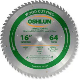 Sbw-160064 Oshlun 892592001615 16-inch 64 Tooth Atb General Purpose Saw Blade With 1-inch Arbor