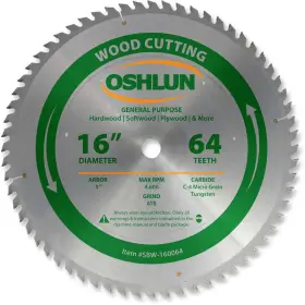Oshlun B0012ymvic Sbw-160064 16-inch 64 Tooth Atb General Purpose Saw Blade 1-inch Arbor