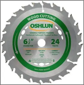Osh-sbw-065024 Oshlun 6-1/2 Inch 24t Carbide Tip Wood Cutting Saw Blade Power Skilsaw