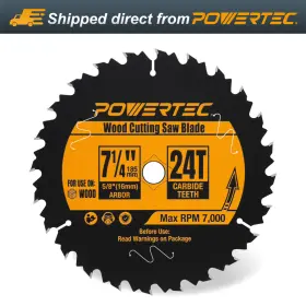 14015 Powertec 7-1/4 Inch Circular Saw Blade 24t 5/8 Arbor Atb Carbide Teeth