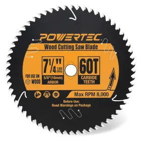 Powertec 843441135364 7-1/4 Inch Circular Saw Blade 60t 5/8 Arbor Atb Carbide Teeth - Thin Kerf