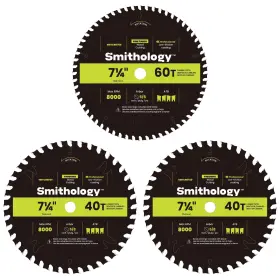 Smithology 065013493084 Circular Saw Blades 7 1/4 Inch 3 Pack Atb 40 Tooth And 60 Carbide T