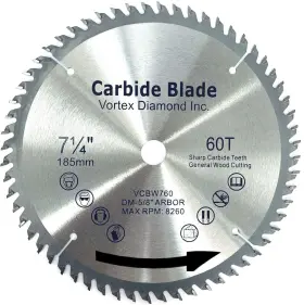 Vortex Diamond 850014569303 Vgsb 7-1/4 Inch 60 Teeth Tct General Purpose Hard And Soft Wood Saw Blade 7-1/