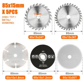 Hsb5pc8515m Xcan 5 Pack 3-3/8ftft Compact Circular Saw Blade Set 85mm Diamond Disc Wood Metal