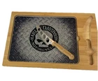 Harley Davidson Laser Engraved Cutting Board With Knife Glass And Wood 15 X10 Open. Price: $49.00.