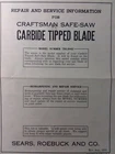 Craftsman Sears Safe-saw Carbide Tipped Blade 720.4943 Repair & Serv Manual 1953 Like. Price: $32.99.