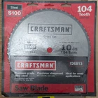 Craftsman Steel Saw Blade 10" X 104T Finishing/cross Cut 26813 Old Stock New. Price: $12.30.