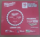 New Milwaukee 48-41-0720 7-1/4" 24T Framing Circular Saw Blades Bulk 10. Price: $75.00.